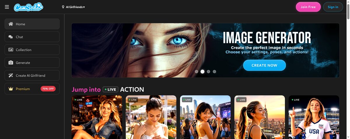 CamSoda AI homepage: character grid, live shows row, and image generator banner
