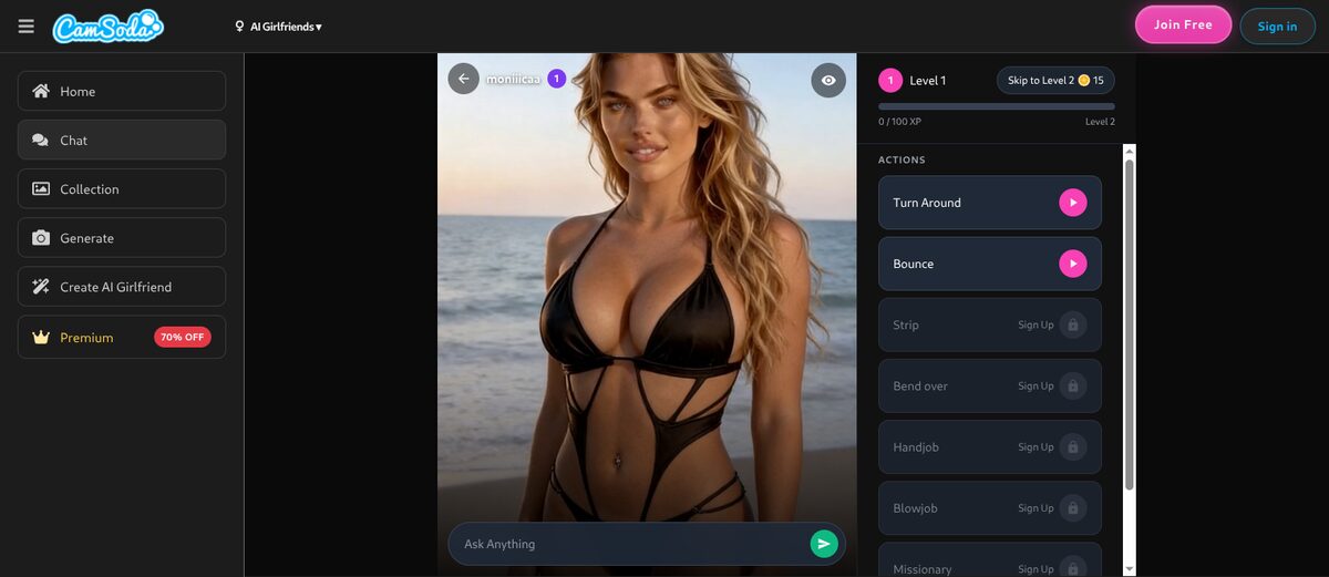 CamSoda AI live show: AI video stream with XP level bar and tip-menu action list