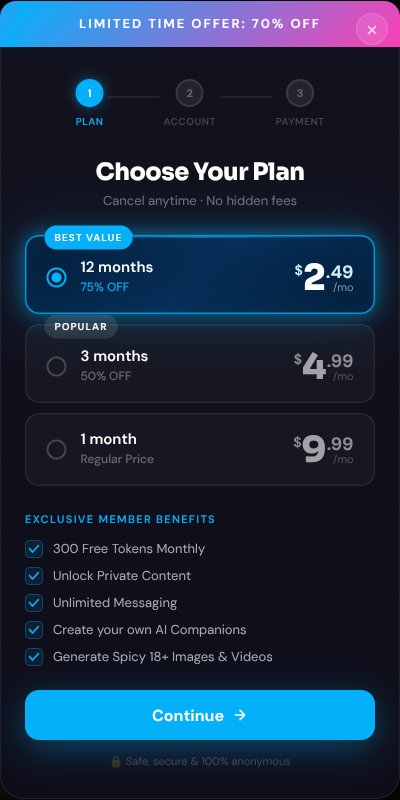 CamSoda AI's Choose Your Plan popup under a 'Limited time offer: 70% off' banner: 12 months $2.49 a month, 3 months $4.99 a month, 1 month $9.99
