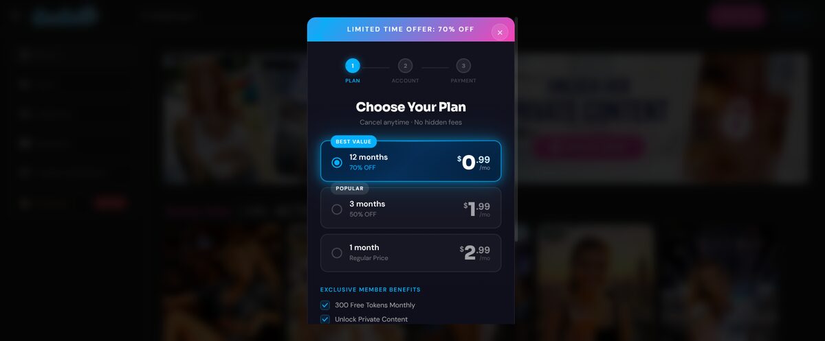 CamSoda AI paywall modal showing $0.99, $1.99 and $2.99 per month plans