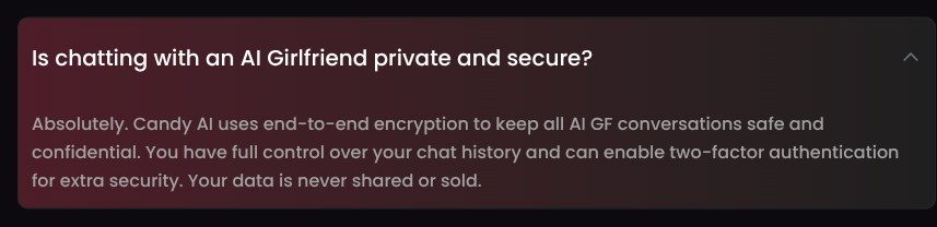 Candy AI's homepage FAQ answer before the rewrite, claiming end-to-end encryption and that data is never shared or sold