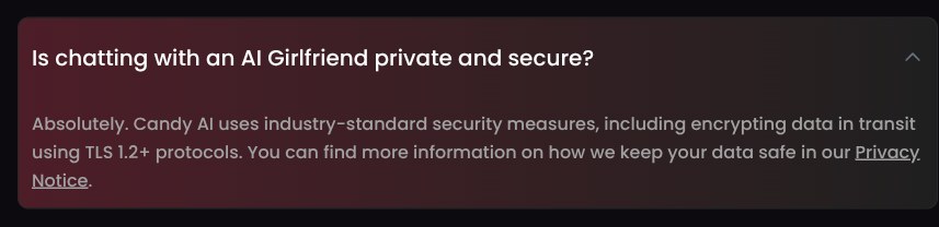 Candy AI's rewritten homepage FAQ answer, citing encryption in transit with TLS 1.2+ and linking the Privacy Notice