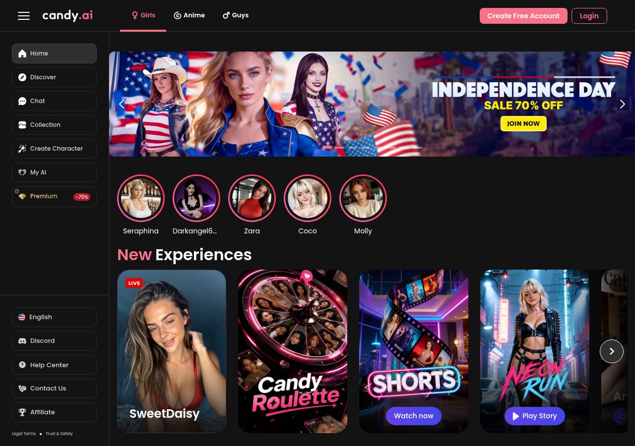Candy AI homepage: Girls/Anime/Guys tabs, character avatars, Independence Day 70% off banner, and New Experiences row with Live, Roulette, Shorts and stories