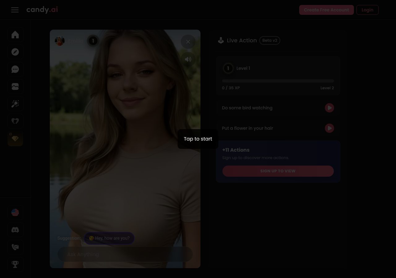 Candy AI Live Action Beta v2: AI video stream with Level 1 XP bar, action menu, and sign-up-gated actions