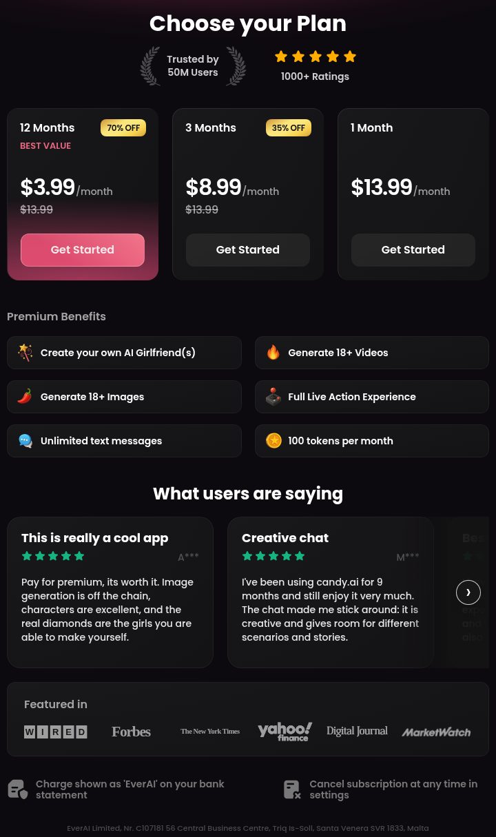 Candy AI's plan page: 12 months at $3.99 a month, 3 months at $8.99 a month, 1 month at $13.99