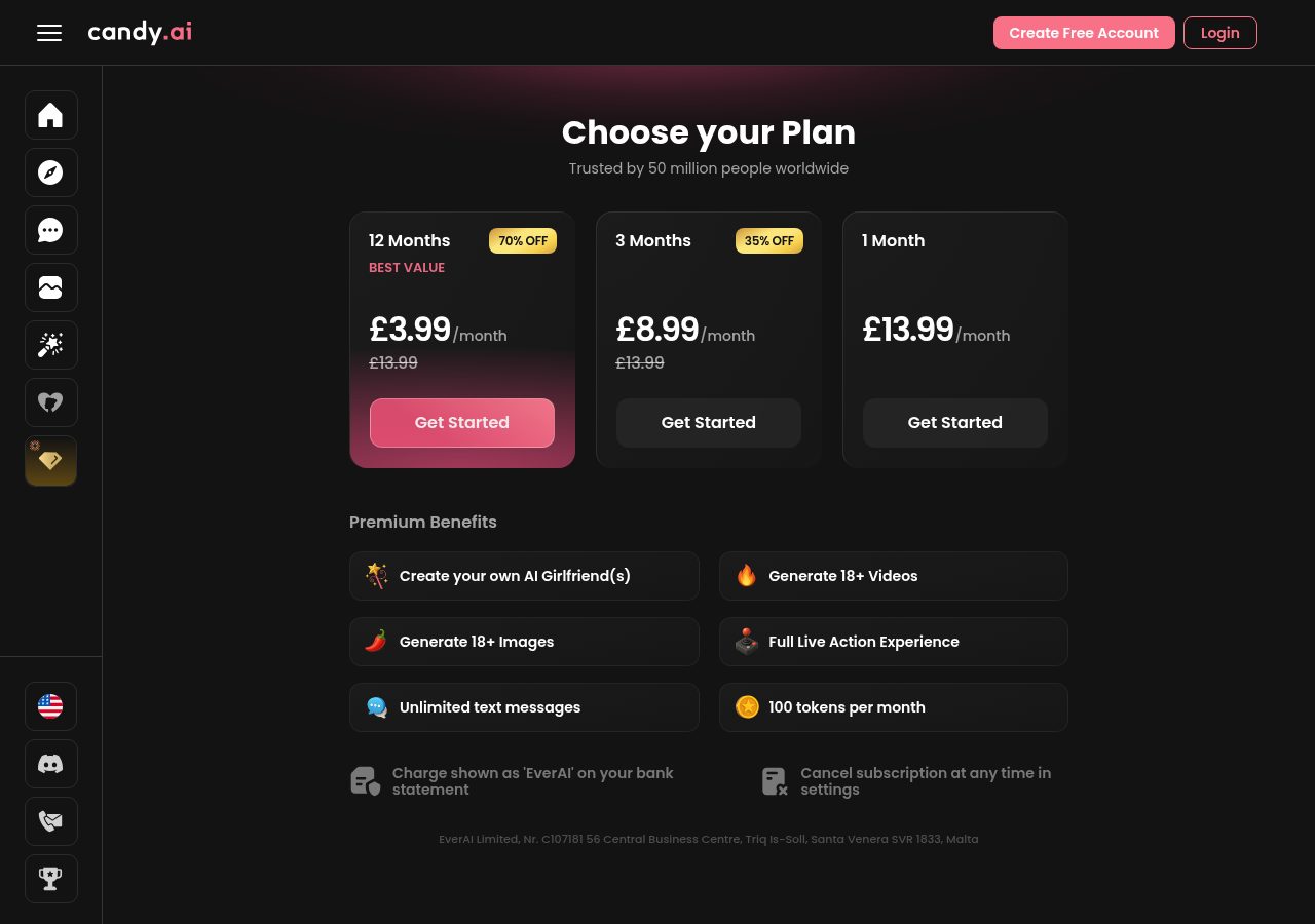 Candy AI pricing page rendered from a UK vantage showing £3.99, £8.99 and £13.99 per month plans — same numerals as the US dollar prices