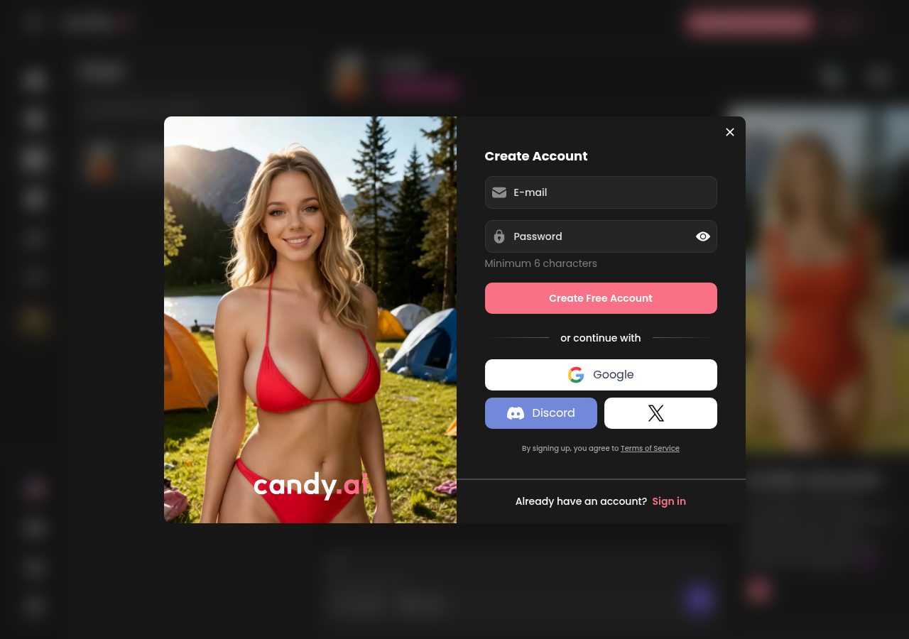 Candy AI Create Account modal that appears on the first message send: email and password fields plus Google, Discord and X sign-in