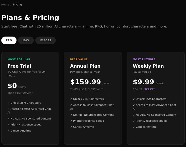 Chai's web pricing page at chai-ai.com: a 24-hour free trial then $159.99 a year, the Annual Plan at $159.99, and a Weekly Plan at $9.99