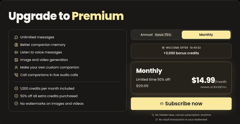Roger's upgrade page on the Monthly tab: $14.99 a month beside a crossed-out $29.99, 'Limited time 50% off!', 'renews at $14.99/mo', and a welcome offer of 3,000 bonus credits with a countdown