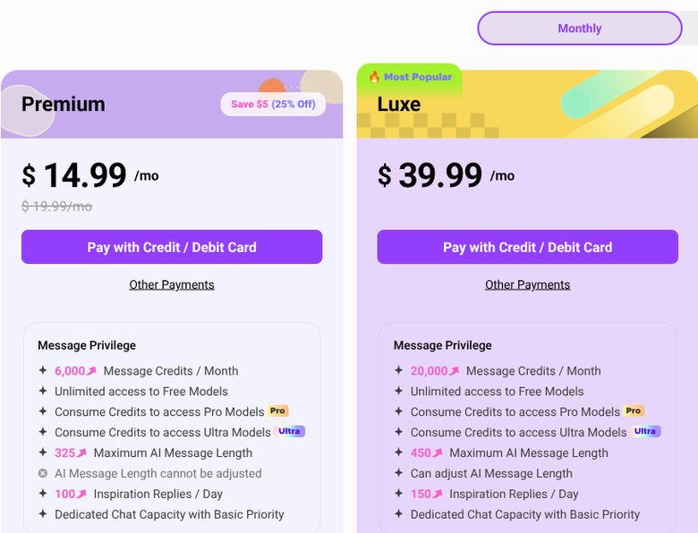 CrushOn's pricing page on the Monthly tab: Premium $14.99 a month (struck-through $19.99) with 6,000 message credits, Luxe $39.99 a month with 20,000