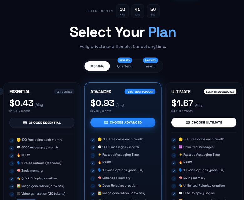 DarLink's plan page on the Monthly tab under an 'OFFER ENDS IN' countdown: Essential $0.43 a day ($12.99 / month), Advanced $0.93 a day ($27.99 / month), Ultimate $1.67 a day ($49.99 / month)