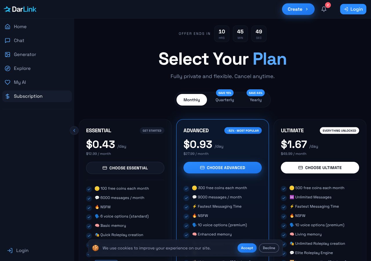 DarLink plan page on the Monthly tab under an OFFER ENDS IN countdown reading 10 hours 45 minutes 49 seconds: Essential $0.43 a day ($12.99 / month), Advanced $0.93 a day ($27.99 / month) marked -32% most popular, Ultimate $1.67 a day ($49.99 / month), with Quarterly SAVE 15% and Yearly SAVE 44% tabs