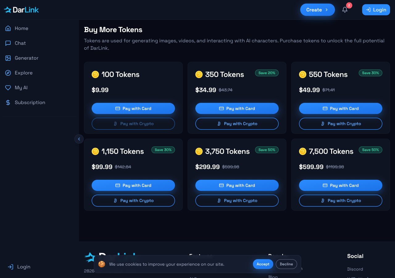 DarLink Buy More Tokens page: 100 tokens $9.99; 350 tokens $34.99 struck from $43.74, Save 20%; 550 tokens $49.99 struck from $71.41, Save 30%; 1,150 tokens $99.99 struck from $142.84, Save 30%; 3,750 tokens $299.99 struck from $599.98, Save 50%; 7,500 tokens $599.99 struck from $1199.98, Save 50%; Pay with Card or Pay with Crypto on each
