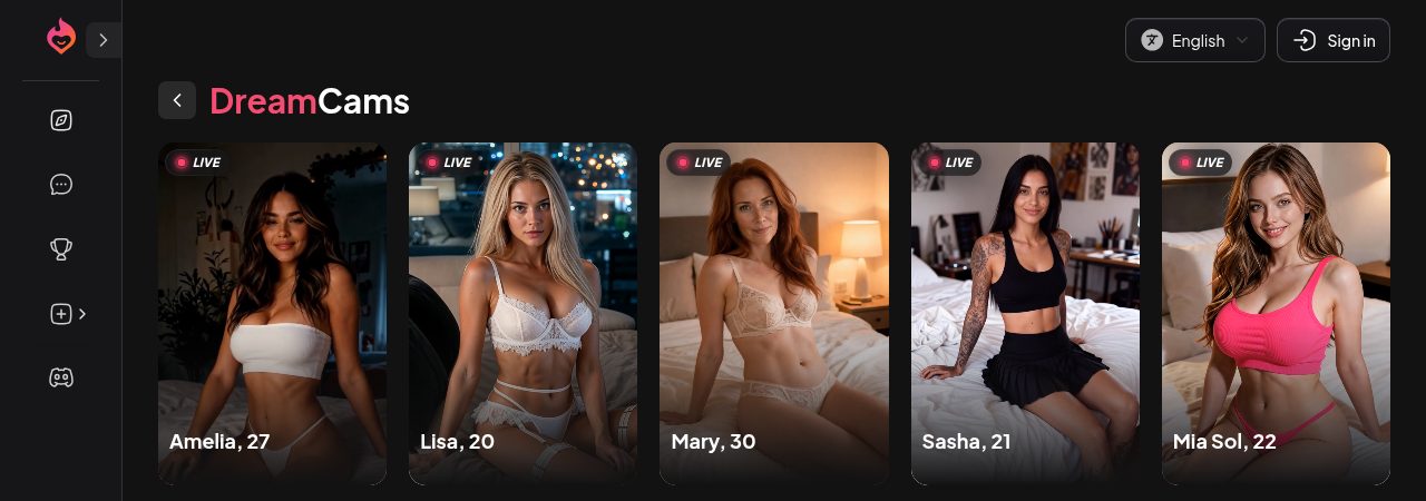 Dream Companion's DreamCams page: five AI characters marked LIVE, Amelia 27, Lisa 20, Mary 30, Sasha 21 and Mia Sol 22
