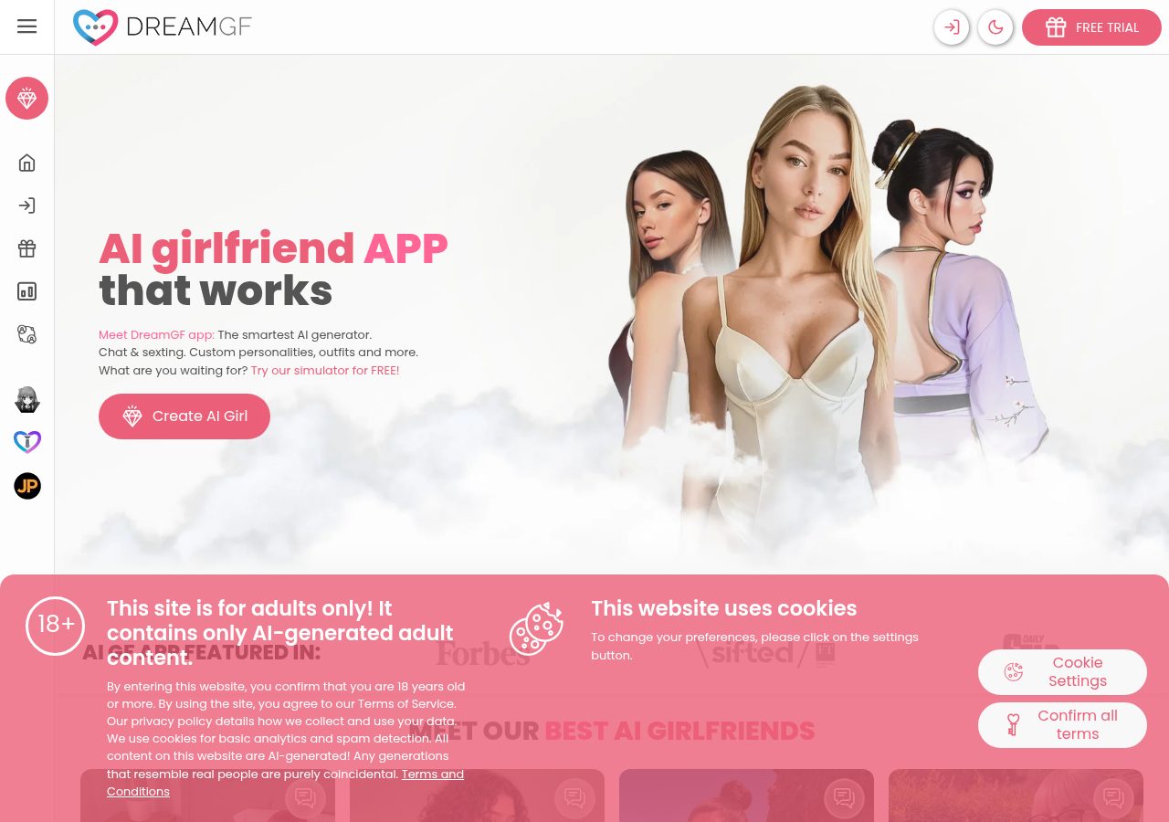 DreamGF homepage: AI girlfriend APP that works headline, Create AI Girl button, three AI-generated women, 18+ AI-generated content disclaimer overlay