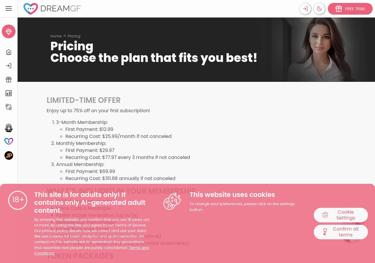 DreamGF pricing policy page listing 3-Month Membership at $12.99 first payment renewing $25.99 monthly and Monthly Membership at $29.97 renewing $77.97 every 3 months — the labels are swapped