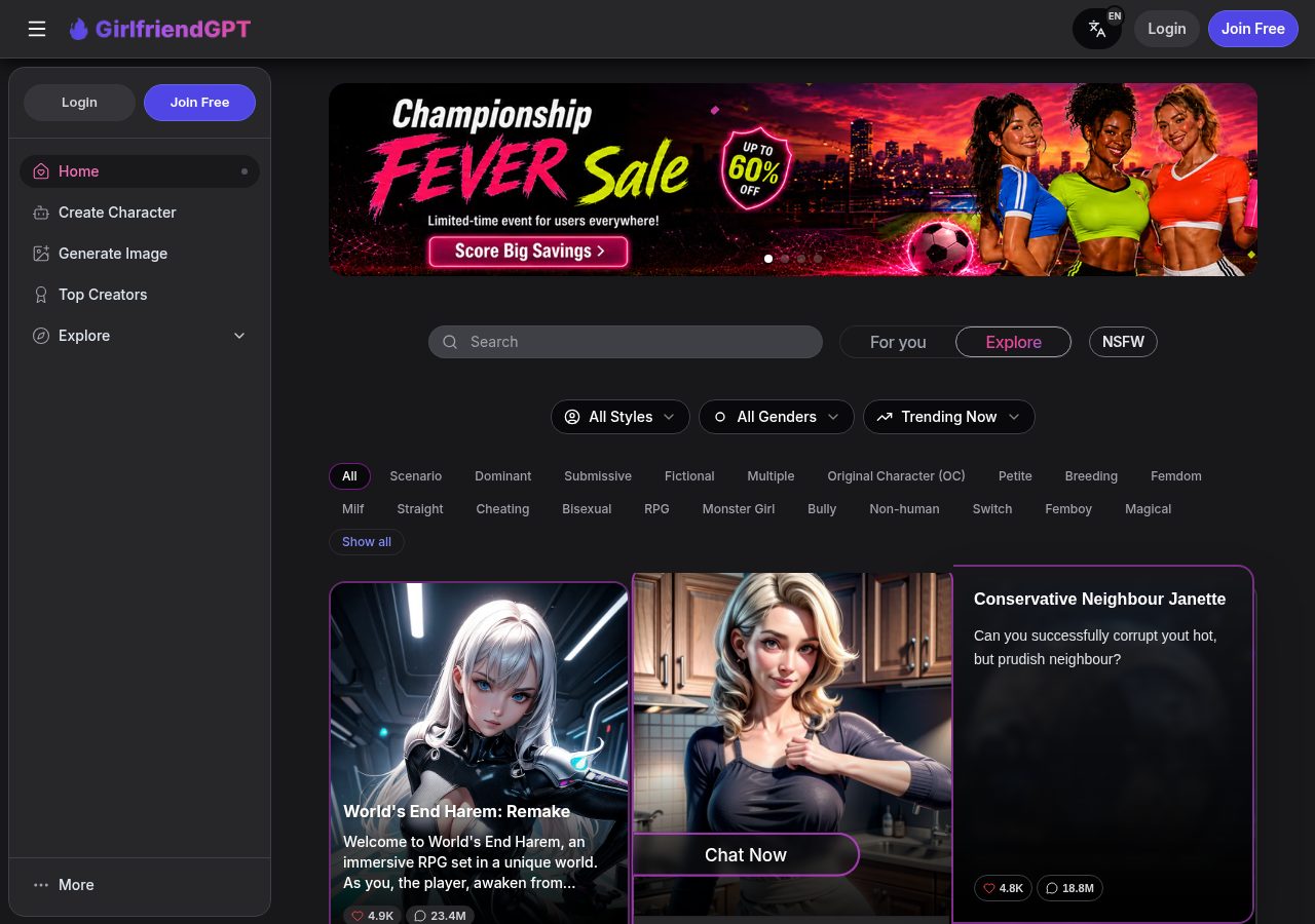 GirlfriendGPT homepage logged out: character explore grid with NSFW tag filters, Championship Fever Sale banner up to 60% off, Create Character and Generate Image navigation