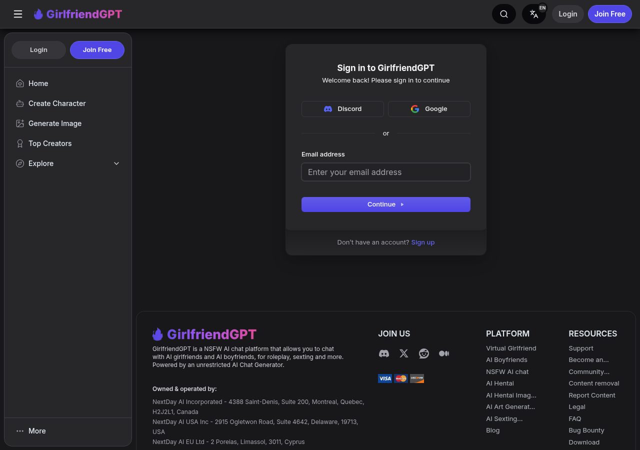 GirlfriendGPT /subscribe page logged out: a sign-in wall with Discord, Google and email login — no visible plan cards, with the NextDay AI operator entities in the footer