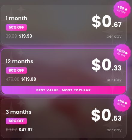 GoLove's payment page: 1 month $19.99, 12 months $119.88, 3 months $47.97, each shown as a price per day