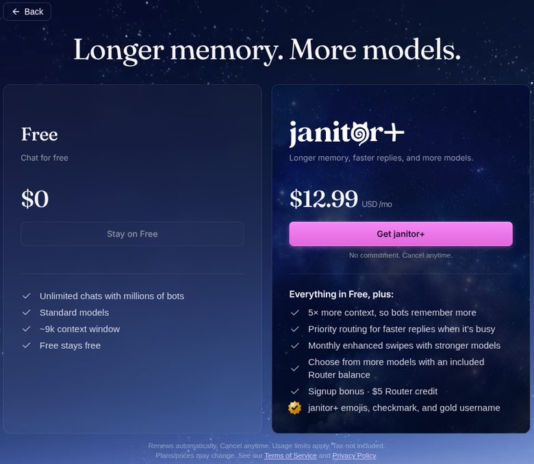 Janitor AI's plan page: Free at $0 with standard models and a ~9k context window; janitor+ at $12.99 USD a month with 5x context, priority routing and a $5 Router credit signup bonus