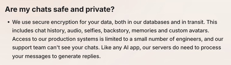 Kindroid's rewritten FAQ answer, saying a small number of engineers can access production systems