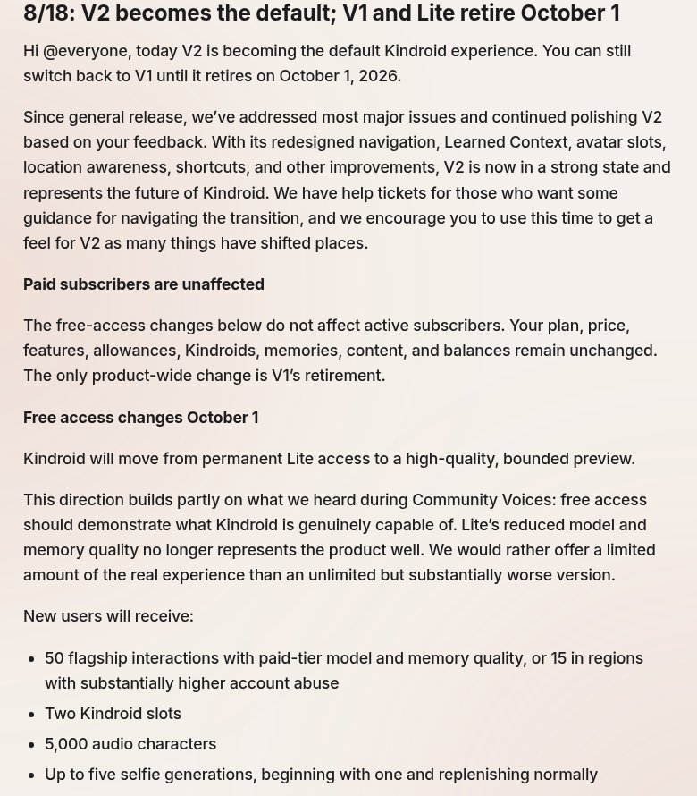 Kindroid update log, August 18 entry: V2 becomes the default; V1 and Lite retire October 1. New users get 50 flagship interactions, two Kindroid slots, 5,000 audio characters and up to five selfie generations