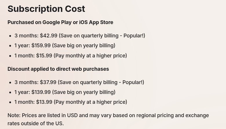 Kindroid's subscription docs: $42.99 for 3 months, $159.99 a year and $15.99 a month on Google Play or the App Store; $37.99, $139.99 and $13.99 bought on the web