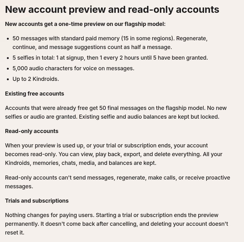 Kindroid's subscription page, New account preview and read-only accounts: 50 messages with standard paid memory (15 in some regions), 5 selfies, 5,000 audio characters, up to 2 Kindroids; accounts that were already free get 50 final messages; when the preview is used up the account becomes read-only