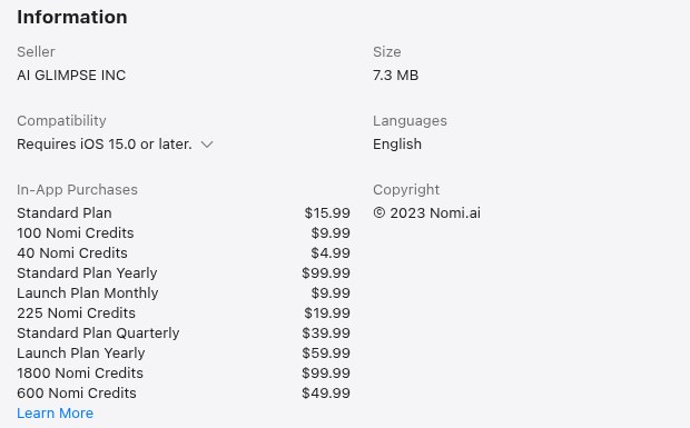 Nomi's US App Store listing, In-App Purchases: Standard Plan $15.99, Standard Plan Quarterly $39.99, Standard Plan Yearly $99.99, Launch Plan Monthly $9.99, Launch Plan Yearly $59.99, and credit packs from $4.99 to $99.99