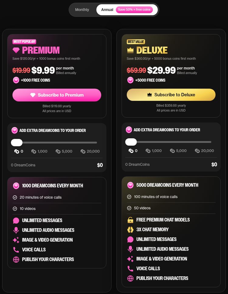 OurDream's upgrade page with annual billing: Premium $9.99 a month billed $119.88 yearly, Deluxe $29.99 a month billed $359.88 yearly
