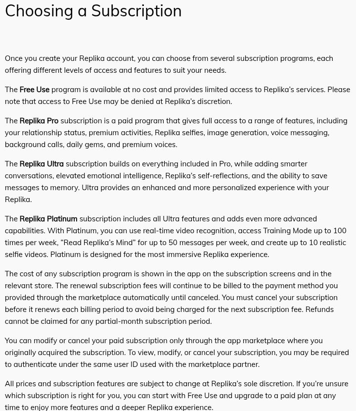 Replika's help article 'Choosing a Subscription' describing Free Use, Pro, Ultra and Platinum without prices