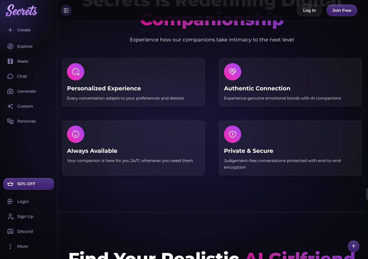 Secrets AI homepage feature grid logged out: Personalized Experience, Authentic Connection, Always Available, and Private & Secure with the line Judgement-free conversations protected with end-to-end encryption
