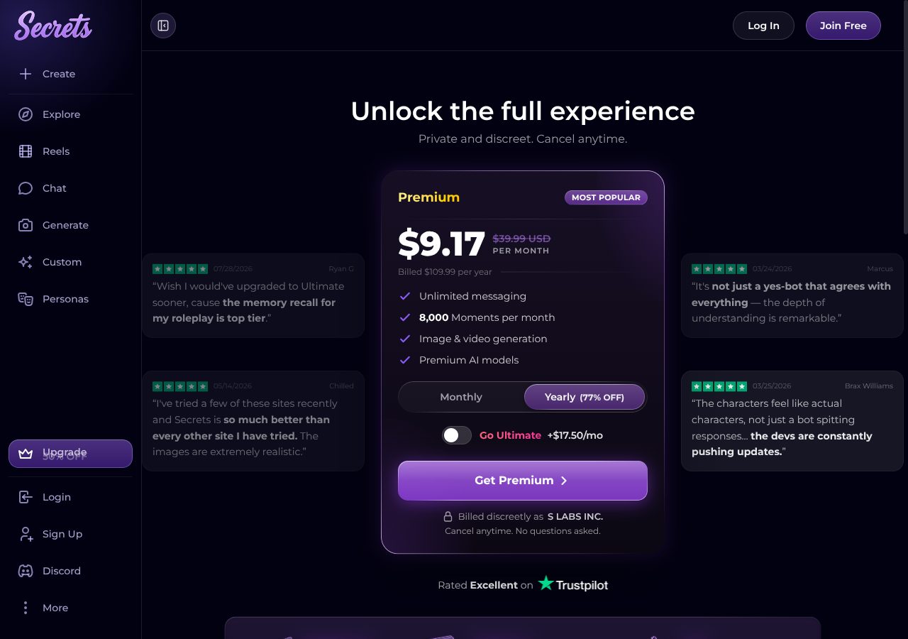 Secrets AI store page logged out: Premium card showing $9.17 per month with $39.99 USD crossed out, billed $109.99 per year, a Monthly / Yearly (77% OFF) toggle, a Go Ultimate switch at +$17.50 a month, and Billed discreetly as S LABS INC.