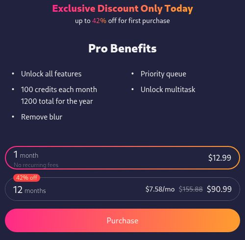 SoulGen's pricing page: 1 month $12.99, 12 months $90.99 ($7.58 a month)