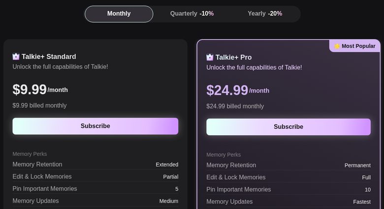 Talkie's pricing with monthly billing: Talkie+ Standard $9.99 a month, Talkie+ Pro $24.99 a month